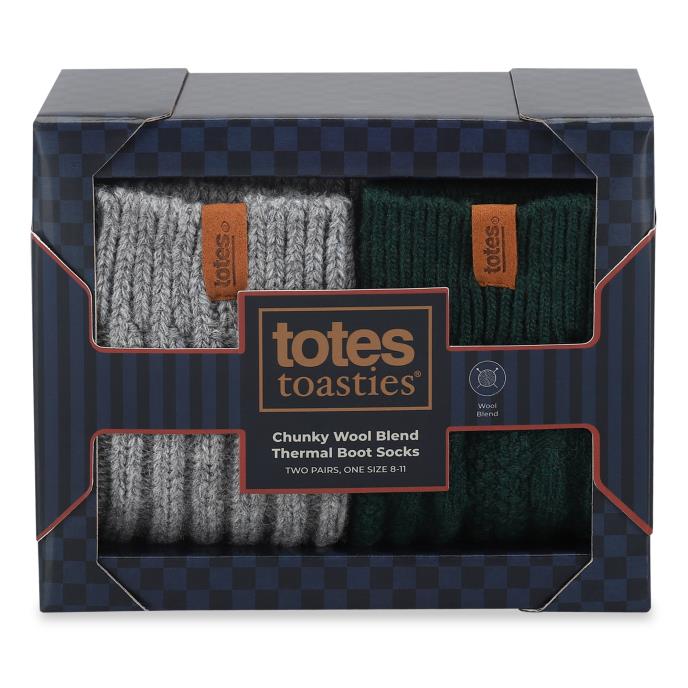 totes toasties® Mens Chunky Thermal Wool Blend Slipper Socks (Twin Pack) Grey / Green Extra Image 6